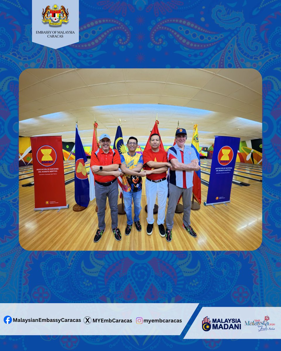 MYEmbCaracas's tweet photo. On 28 February 2026, the ASEAN Committee in Caracas (ACC) organised its annual ASEAN &amp; Friends Bowling Tournament, bringing together ASEAN families in Caracas for a day of friendly competition and shared laughter. https://t.co/U6zyQ5GtNG
