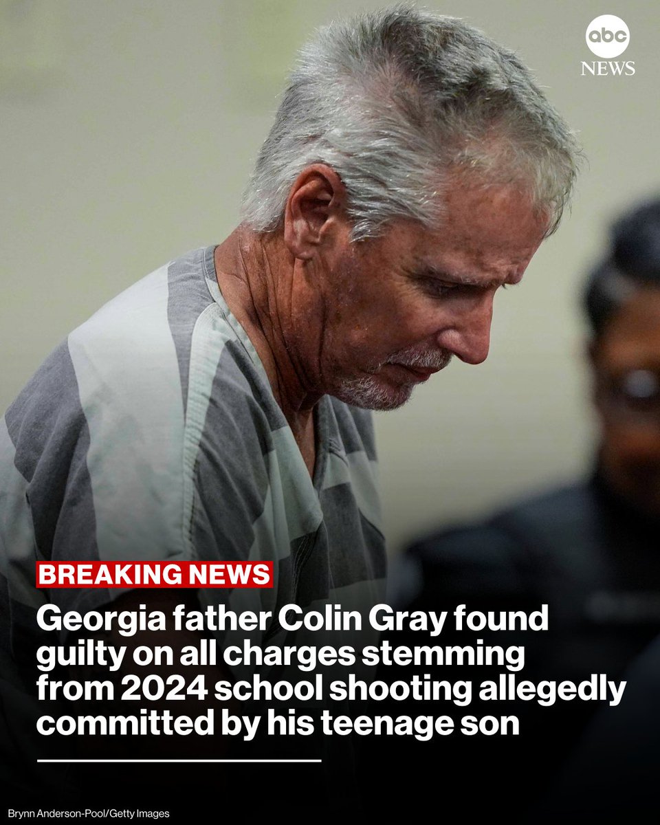 ABC's tweet image. BREAKING: A Georgia jury has found Colin Gray guilty on charges, including second-degree murder and manslaughter, stemming from a 2024 mass shooting allegedly committed by his teenage son with a rifle he gifted him as a Christmas present.
 
Read more: abcnews.link/38xnpV2