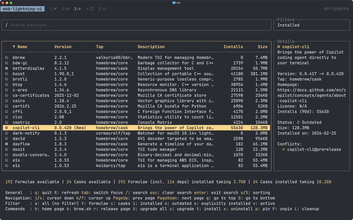 elijahmanor's tweet photo. Enjoying the taproom TUI https://t.co/Nfj9vdaQRZ to manage brew installs

Looks like it's time to upgrade copilot! https://t.co/F7UMfCRq9s