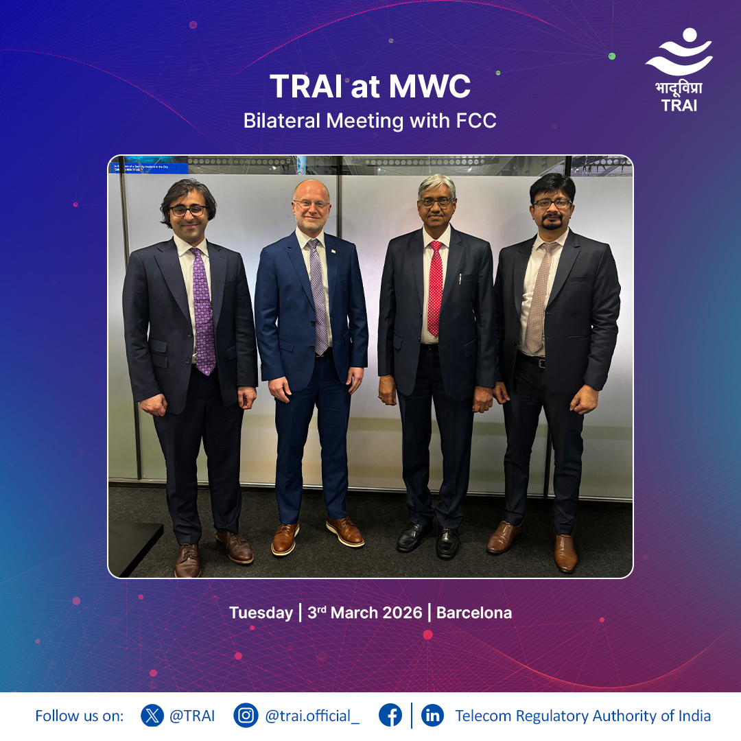 TRAI's tweet image. #TRAIAtMWC
A bilateral meeting was held between Shri Anil Kumar Lahoti, Chairman, #TRAI &amp;amp; Mr Brendan Carr, Chairman, #FCC at #MWC26. FCC delegation included Mr Arpan Sura (Chief AI Officer), Mr Thomas Sullivan (Chief International Affairs) &amp;amp; Ms Michele Wu-Bailey (Chief of Staff).