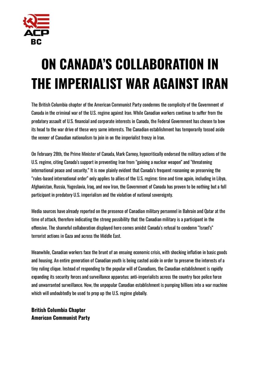 ACP_BritishCol's tweet photo. Against Canada's collaboration in the imperialist war against Iran. https://t.co/mZoEMy3Mjg