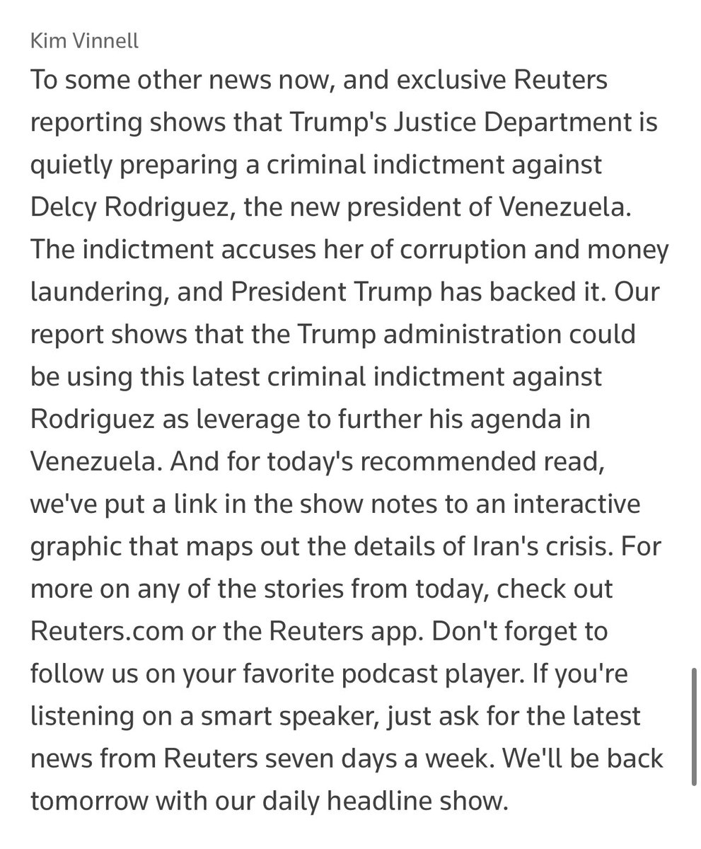 #URGENTE | Reuters:

El Departamento de Justicia de EEUU está preparando una acusación criminal contra Delcy Rodríguez por casos de corrupción y lavado de dinero.

Trump apoya la acusación.

La administración pretende usar la acusación para presionar a Delcy.