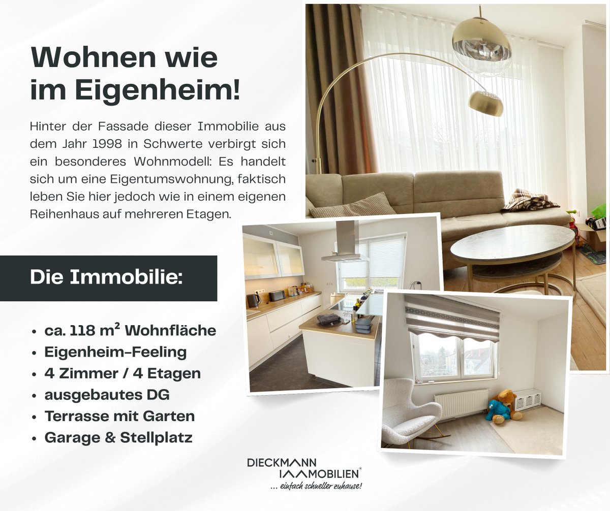 dieckmann_immo's tweet photo. 🏠 Wohnen wie im #Reihenhaus
#Eigentumswohnung in #Schwerte

- ca. 118 m² 
- 4 Zimmer 
- ausgebautes DG
- modernisiert
- TOP-Einbauküche
- Garage 
- Terrasse mit Garten

https://t.co/uWVqrPqCda

📲 +49 (0) 23 04 - 23 96 110
📩 immo@dieckmann-immobilien.de https://t.co/Nhx36dmnnK