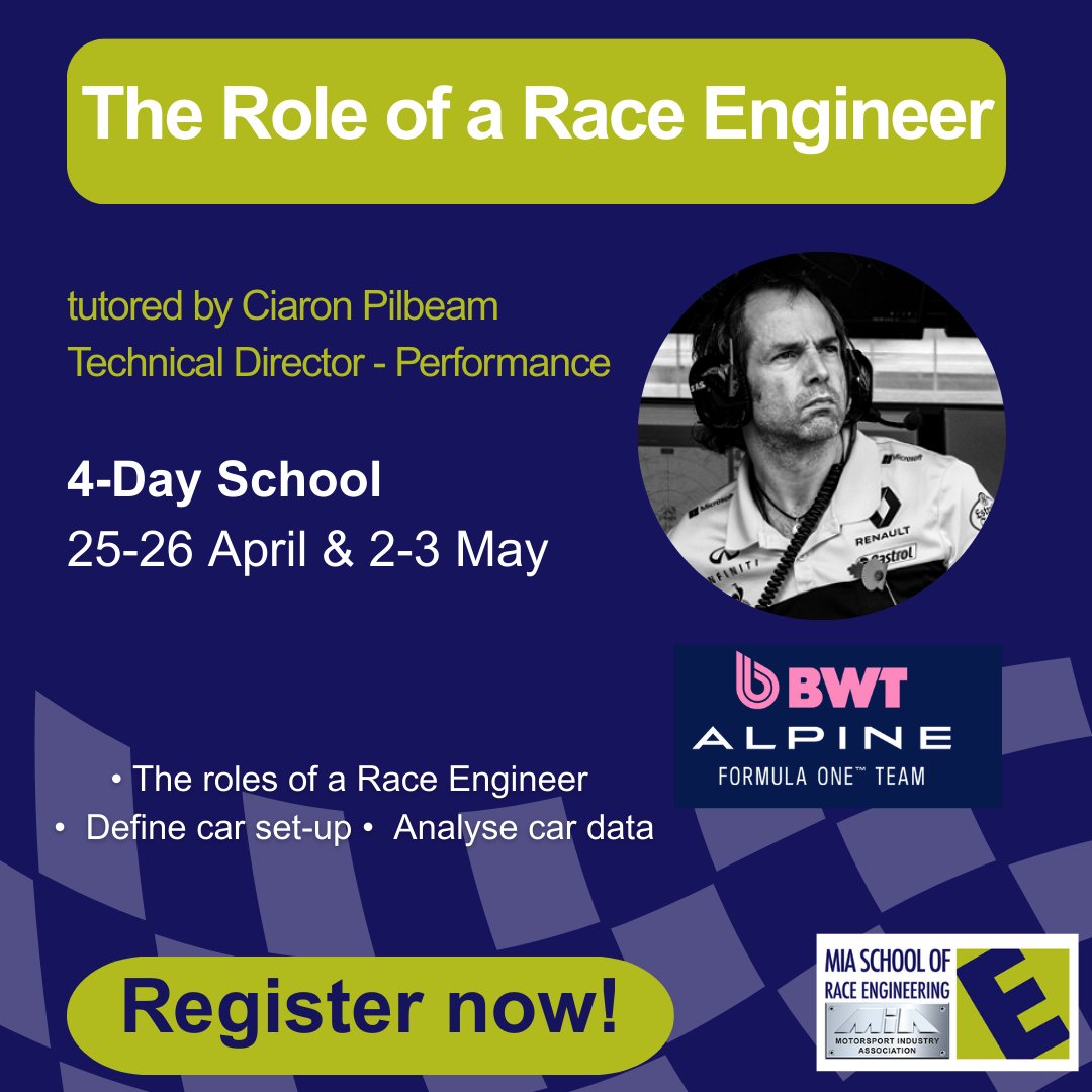 This Spring, we are excited to welcome back Technical Director - Performance, Ciaron Pilbeam, from BWT Alpine F1 Team to our 4-Day School 🏁

Interested? Find out more here bit.ly/46t1CKS or email elinor.robinson@the-mia.com