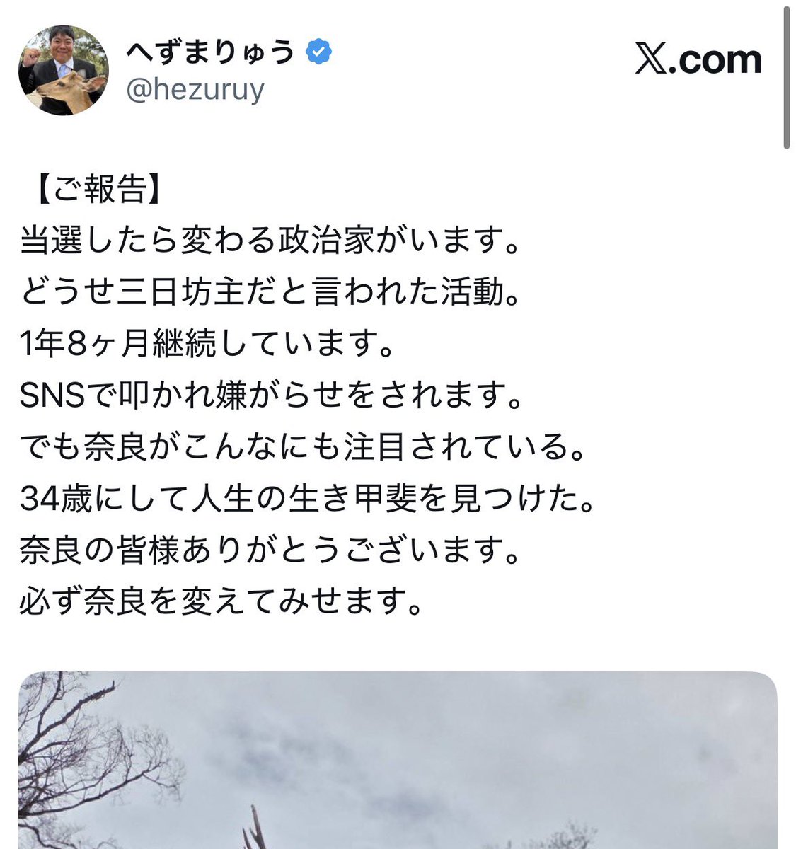 当選したら変わる政治家がいる
→当選しても政治家らしい事をしない人もいる

・１年8ヶ月継続した
→一日も休まず？

・叩かれ嫌がらせをされる
→批判の間違いでは？

・奈良が注目されている
→悪い意味では？

相変わらずツッコミどころ満載の奈良市議会議員なのでした。