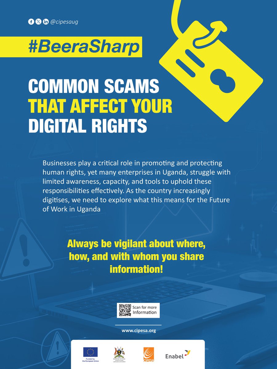 cipesaug's tweet photo. It is a new month and this is a timely reminder to #BeeraSharp! 🛡️🇺🇬

As we digitize, your data and digital rights are more important than ever. From avoiding bafeere (scammers) to understanding the Uganda Data Protection Act &  staying informed is your best defense.

Quick Fact Check:
✅ Sharing customer data without consent is illegal. 
✅ Scammers want your PINs and biometric info.
✅ Know your FACTBASE rights.

Stay vigilant and protect your digital footprint.