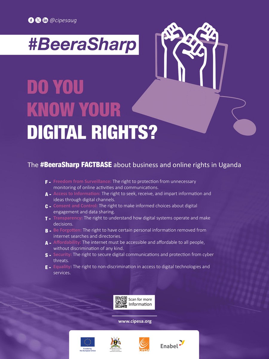 cipesaug's tweet photo. It is a new month and this is a timely reminder to #BeeraSharp! 🛡️🇺🇬

As we digitize, your data and digital rights are more important than ever. From avoiding bafeere (scammers) to understanding the Uganda Data Protection Act &  staying informed is your best defense.

Quick Fact Check:
✅ Sharing customer data without consent is illegal. 
✅ Scammers want your PINs and biometric info.
✅ Know your FACTBASE rights.

Stay vigilant and protect your digital footprint.