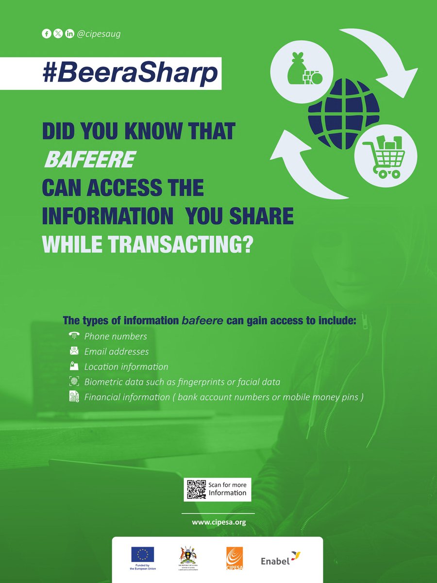 cipesaug's tweet photo. It is a new month and this is a timely reminder to #BeeraSharp! 🛡️🇺🇬

As we digitize, your data and digital rights are more important than ever. From avoiding bafeere (scammers) to understanding the Uganda Data Protection Act &  staying informed is your best defense.

Quick Fact Check:
✅ Sharing customer data without consent is illegal. 
✅ Scammers want your PINs and biometric info.
✅ Know your FACTBASE rights.

Stay vigilant and protect your digital footprint.