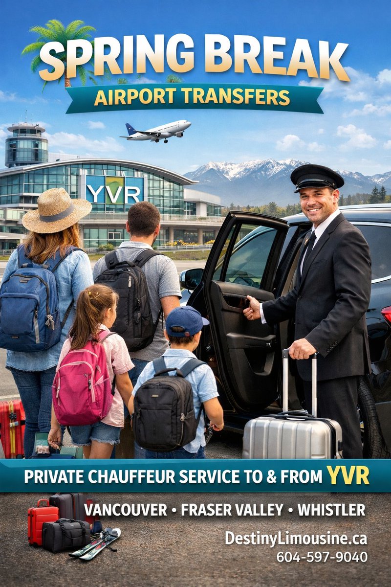 destinylimo's tweet photo. Spring break is coming. YVR airport chauffeur now. Upfront pricing, flight tracking, and meet &amp; greet. 

https://t.co/CRHD7g6gTT | 604-597-9040

#YVR #VancouverAirport #SpringBreakTravel #VancouverBC #AirportTransfer #ChauffeurService #LuxuryTransport #Whistler #VancouverLimo https://t.co/tbWkzv0lSn