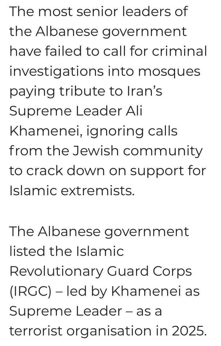 A terrorist listing that isn’t enforced is political theatre

The IRGC is banned

If Ayatollah Khameini is publicly glorified, <a href="/AlboMP/">Anthony Albanese</a> &amp; <a href="/Tony_Burke/">Tony Burke</a> must act &amp; charge those responsible

After Bondi, Australians deserve laws that bite, not promises that fade

#auspol #Khameni