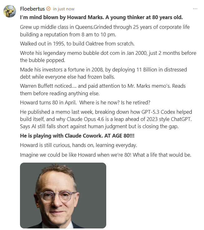 I keep thinking about how vastly different Stan Druckenmiller and Howard Marks sounded last week. 

Druck: "I have some young superstars in my Firm. I started noticing that the kids at Stanford were switching from crypto to AI. It went over my head, but I knew this would be big