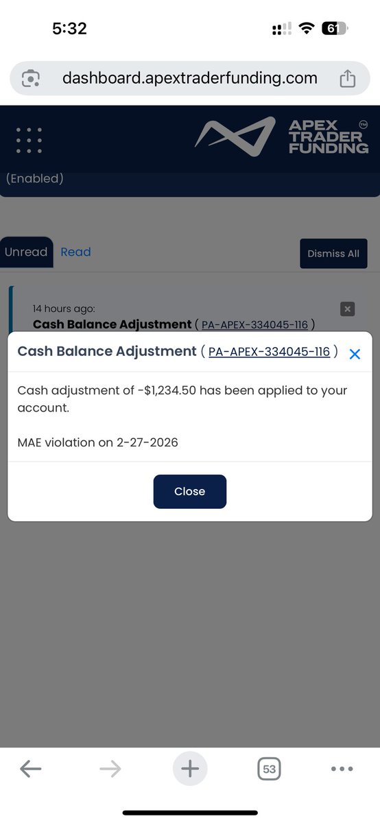 ScalperET's tweet photo. @ApexTradeFund (WARNING) is a joke of a prop firm. Once you become profitable they do whatever it takes to make you crack.

Today -$1234.5 was removed from my account due to the MAE violations posted back in Feb 27 2026. Despite the removal of their MAE rules, I was hit with a penalty.

Funny part is that they can’t be more lazier typing 12345, what a fucking joke. As if trading isn’t already hard - this is a warning to all my traders, yes their rules may have caught up to their competitors but it will come with a cost, don’t be fooled. 

“Every advantage has its tax” remember that.