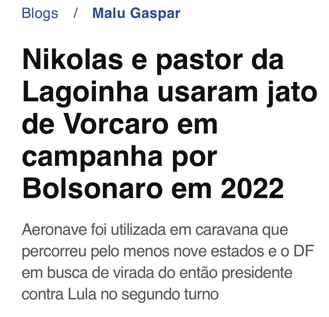 O "gigante acordou” de jatinho. Nikolas Ferreira e pastor da Lagoinha usaram uma aeronave de luxo ligada a Vorcaro para fazer campanha para Bolsonaro em 2022. Foram 9 estados em busca de votos, tudo bancado pelo empresário que é investigado por um esquema de fraudes financeiras.