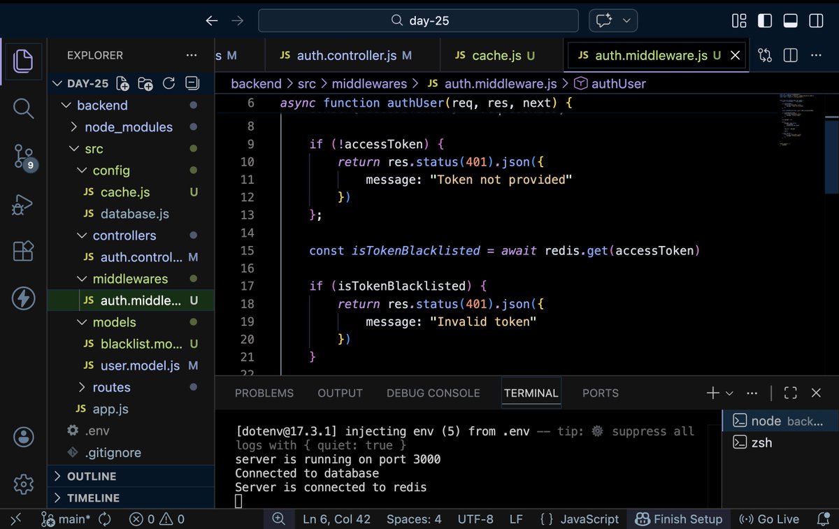 devHamza03's tweet photo. 📅 Day 118 of Cohort 2.0 | @sheryians_

Switched token blacklist from MongoDB to Redis for better performance and lower DB load.

Connected via host and port and implemented blacklisting in Redis.

Practiced the full auth flow and debugged it myself. 💻

#Day118 #Redis #Backend https://t.co/sqhvdeEWrx