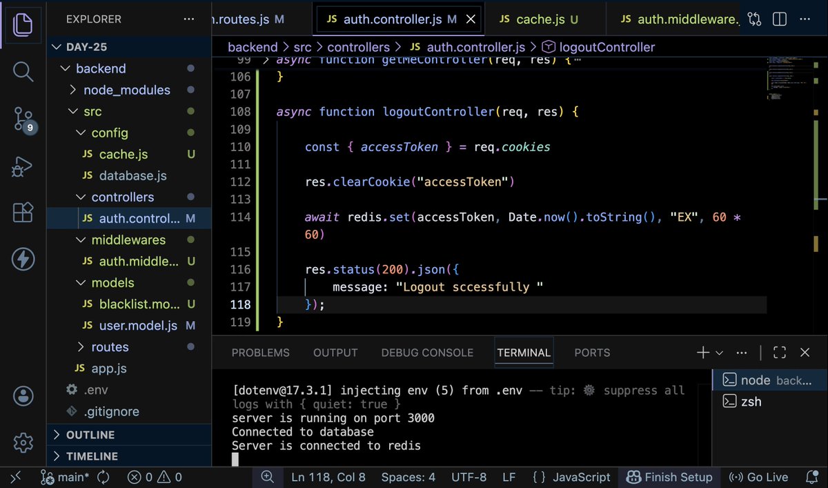devHamza03's tweet photo. 📅 Day 118 of Cohort 2.0 | @sheryians_

Switched token blacklist from MongoDB to Redis for better performance and lower DB load.

Connected via host and port and implemented blacklisting in Redis.

Practiced the full auth flow and debugged it myself. 💻

#Day118 #Redis #Backend https://t.co/sqhvdeEWrx