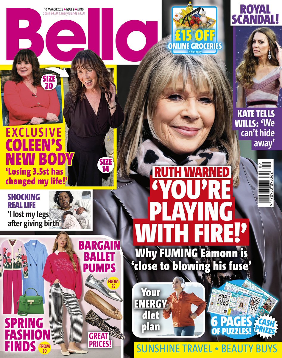 bellamagazineUK's tweet photo. In this week’s Bella Magazine we bring you Eamonn Holmes’ reaction to Ruth Langsford’s new book plus an exclusive interview with @NolanColeen who has recently lost 3.5st! Also inside, you’ll find gorgeous spring fashion finds and money off your weekly shop. On sale now! https://t.co/mDMnFKmN8b