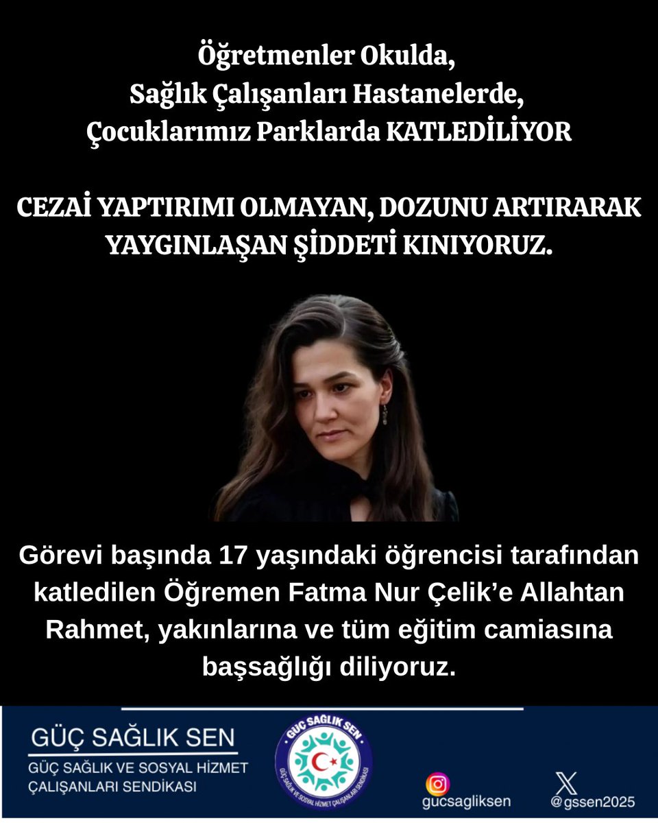 İstanbul Çekmeköy’de Borsa İstanbul MTAL’de meydana gelen menfur saldırıda öğretmen Fatma Nur Çelik maalesef hayatını kaybetmiş, bir öğretmen ve bir öğrenci de yaralanmıştır.

Hayatını kaybeden öğretmenimize Allah’tan rahmet; ailesine, sevenlerine ve eğitim camiasına  başsağlığı