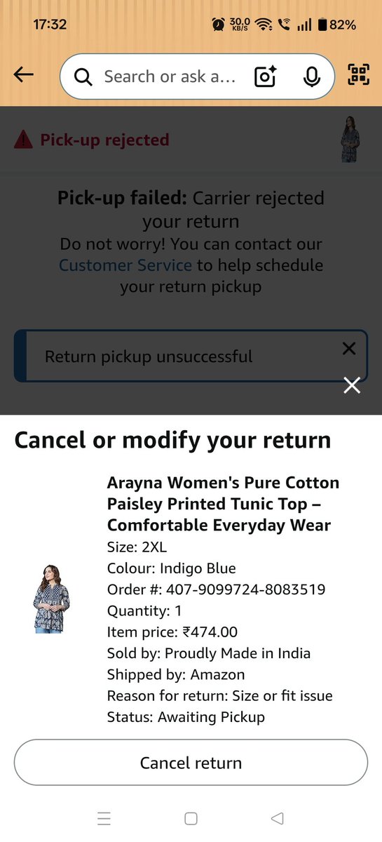 deeps2410's tweet photo. @AmazonHelp Thanks for response.
There is only option to cancel return. https://t.co/ztHRL8C7KV