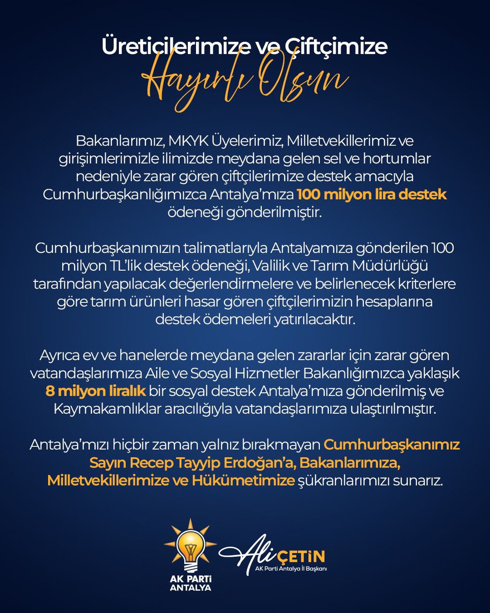 Geçtiğimiz aylarda Antalya’mızda yaşanan sel, fırtına ve hortumdan etkilenen üreticilerimize ve çiftçilerimize tekrar geçmiş olsun dileklerimizi iletiyoruz. 

Cumhurbaşkanımızın Sayın Recep Tayyip Erdoğan (<a href="/RTErdogan/">Recep Tayyip Erdoğan</a> ) liderliğinde her zaman hemşehrilerimizin yanında olduk.