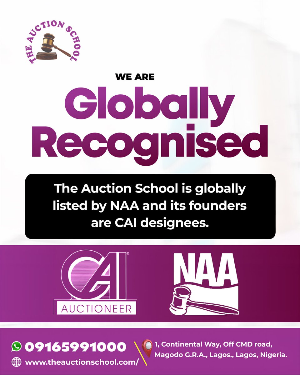 Theauction_sch's tweet photo. At The Auction School, we don’t just teach you how to sell; we align you with international excellence. We are proud to be globally listed by the National Auctioneers Association (NAA). https://t.co/vszXrwZYsF
