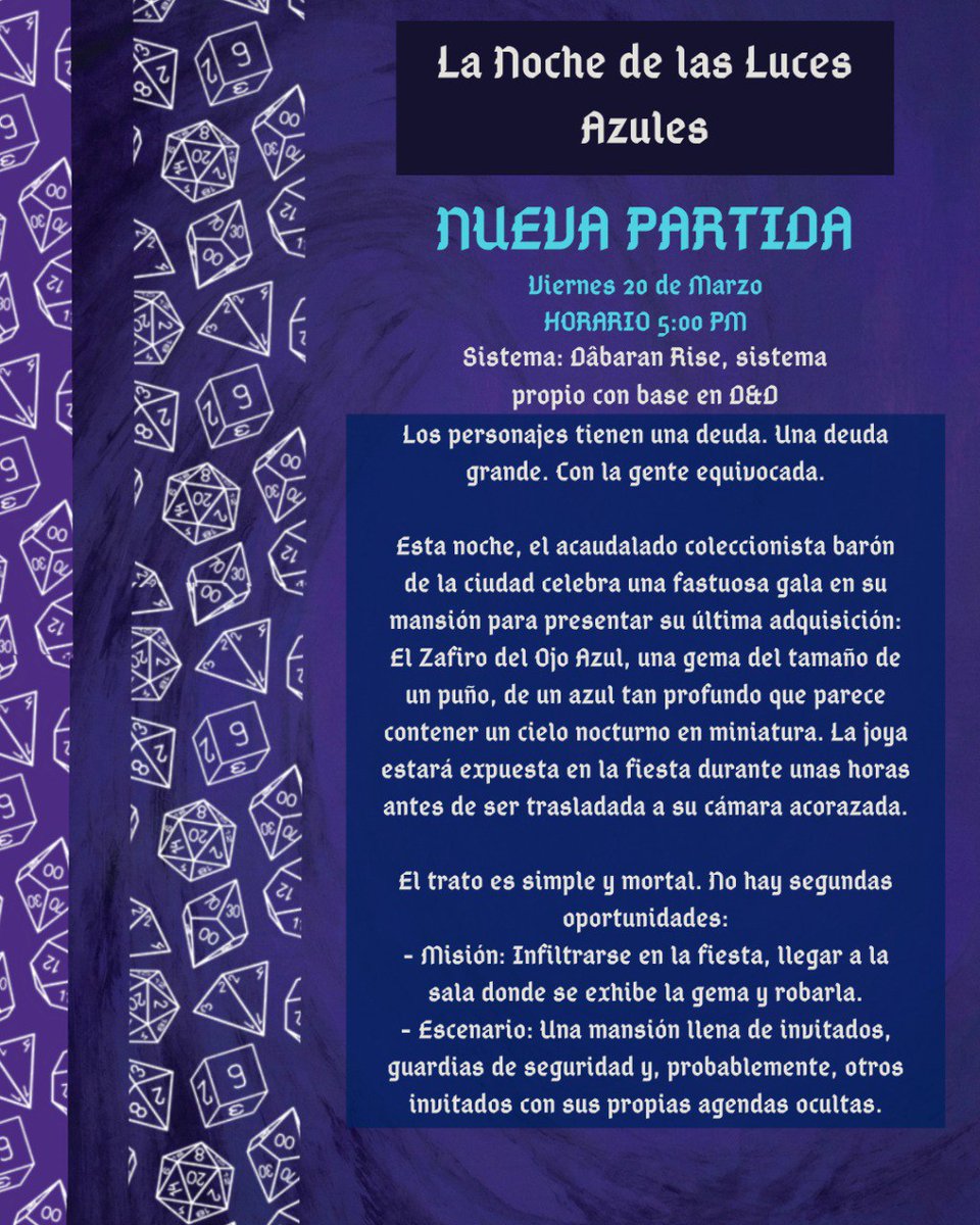 DangersDragons's tweet photo. 🎲🐉 Hola jugadores, les queremos dar a conocer la descripción de las partidas individuales del Sábado 21 de Marzo por la tarde, la adición
de una nueva partida para el día Viernes 20 de Marzo, empieza a las 5:00 PM.🐉🎲

Dentro hilo 🧵 🧵⬇️ https://t.co/v1tSH4uvPo