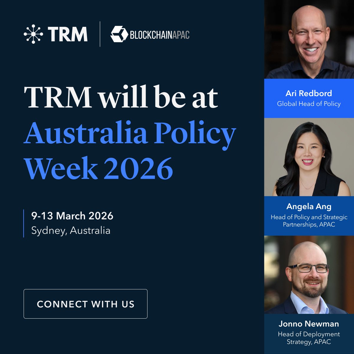 🇦🇺 TRM is heading to 𝐀𝐮𝐬𝐭𝐫𝐚𝐥𝐢𝐚 𝐏𝐨𝐥𝐢𝐜𝐲 𝐖𝐞𝐞𝐤 𝟐𝟎𝟐𝟔 in Sydney!

From March 9–13, our team will be engaging policymakers and industry leaders on digital asset regulation, risk management, and blockchain intelligence. Let’s connect.

Register 👉