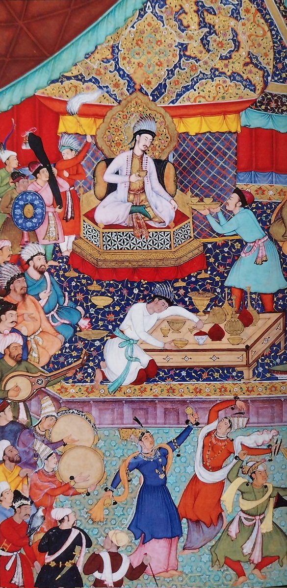 Gran banquete ofrecido por el emperador mogol Oghuz Khan para celebrar la conquista de Irán, Turán y Rūm. Jãme' at-Tavãrikh, 1596. Biblioteca del Palacio de Golestán.