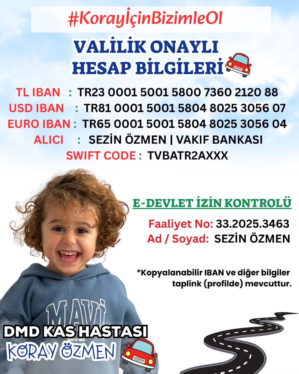 MersinPortal's tweet photo. 3,5 Yaşındaki DMD Hastası Koray İçin Zamanla Yarış
TL IBAN: TR23 0001 5001 5800 7360 2120 88
USD IBAN: TR81 0001 5001 5804 8025 3056 07
EURO IBAN: TR65 0001 5001 5804 8025 3056 04
KORAY yazıp gönderin:TürkTelekom:3301 (1SMS25 TL) Vodafone:3301 (1SMS50TL) Turkcel:8067 (1SMS 25 TL) https://t.co/CbqS6VYL4Q