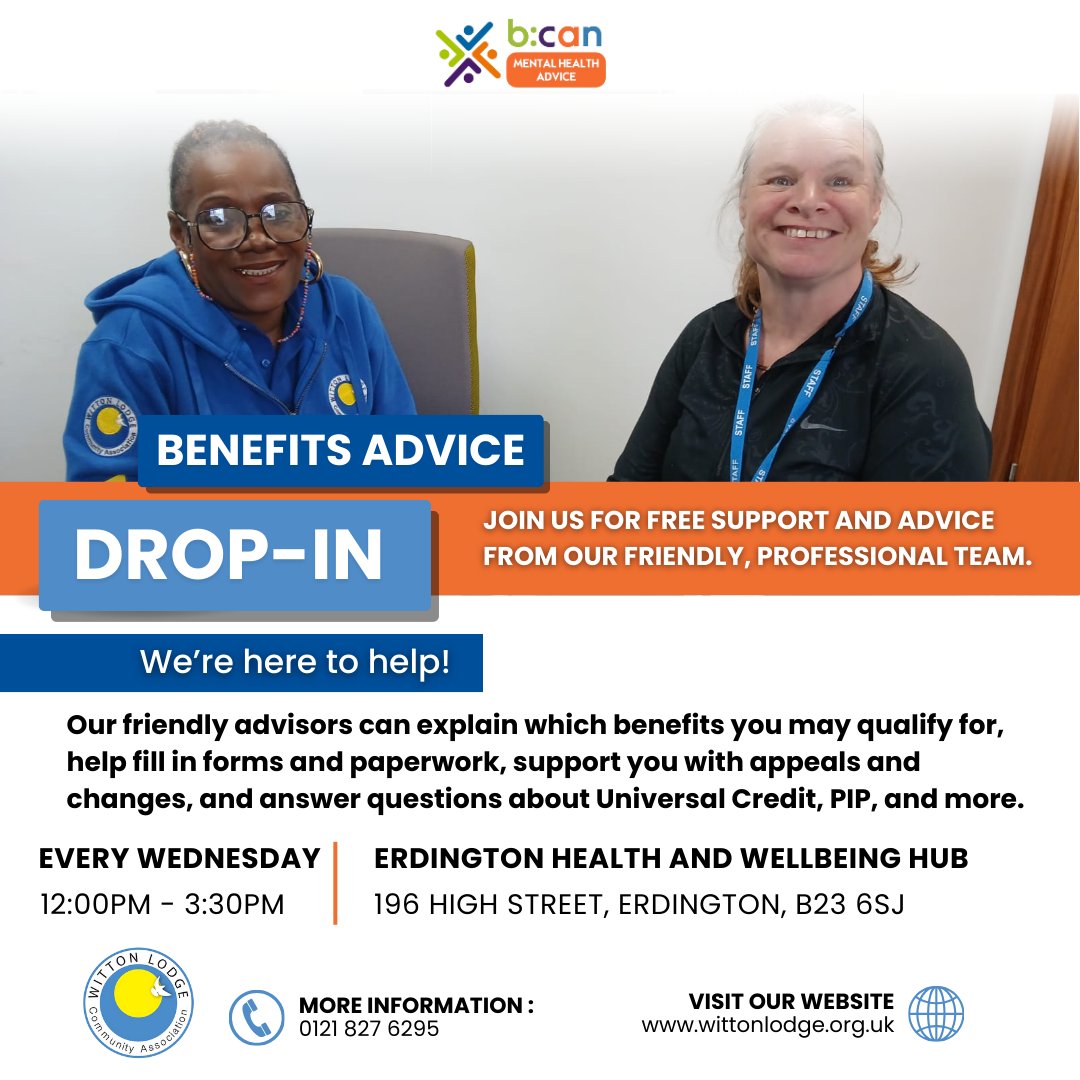 wittonlodge's tweet photo. Need help with benefits? 🤔 Drop in Weds at Witton Lodge! Our friendly advisors at Erdington Health &amp; Wellbeing Hub are on hand to help you  understand benefits, find support &amp; navigate the system 💼

📍196 High St, B23 6SJ 🕛12-3:30pm -seen in order of arrival!

 #BenefitsAdvice https://t.co/t3KA2O6WZK