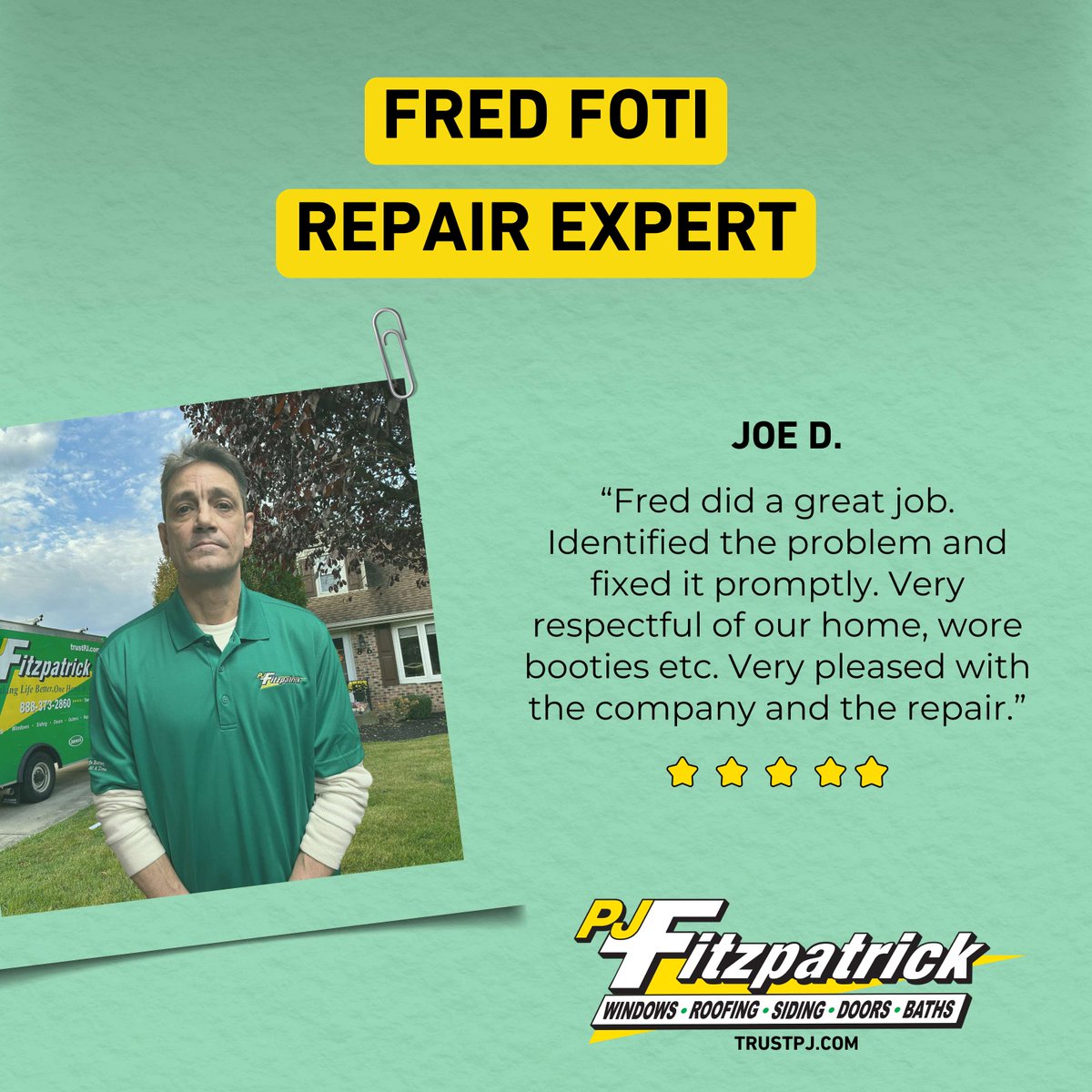 pjfitzllc's tweet photo. Behind every great customer experience is someone who truly cares.

Fred Foti continues to wow homeowners with his knowledge, professionalism, and attention to detail.

We’re proud to have Fred on Team Green, and even prouder to share words like these from our customers! https://t.co/ZU36BfwJTi