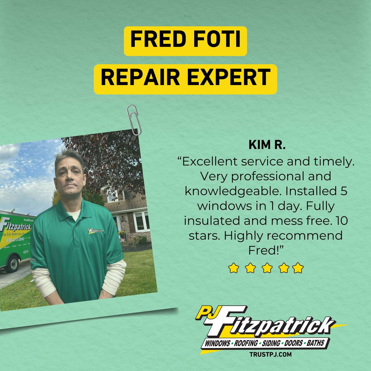 pjfitzllc's tweet photo. Behind every great customer experience is someone who truly cares.

Fred Foti continues to wow homeowners with his knowledge, professionalism, and attention to detail.

We’re proud to have Fred on Team Green, and even prouder to share words like these from our customers! https://t.co/ZU36BfwJTi