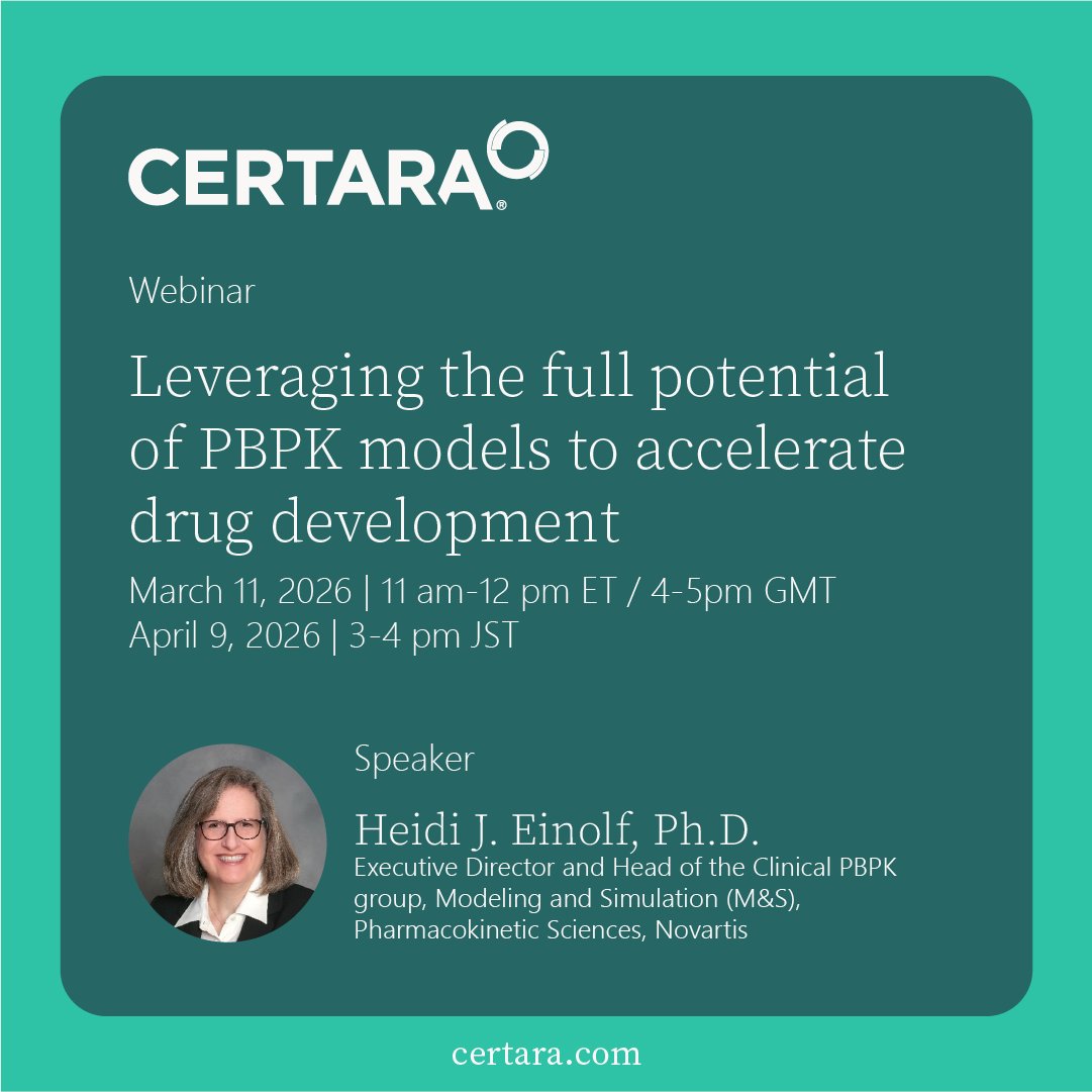 Certara's tweet photo. Novartis is using Simcyp® Simulator to inform regulatory decisions—learn how.
Join us March 11 at 11am ET to hear how PBPK modeling supports DDI planning, dosing in special populations, limited trial data, and labeling decisions.
Register: https://t.co/cs1FrOFtqM
#PBPK #Simcyp https://t.co/ZTSkTILwO5