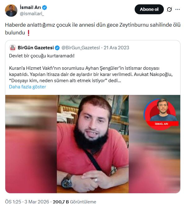 2,5 yıl önce yapılan haber, verilen çaba ve sonuç aşağıda.

Şimdilerde ise <a href="/ismailari_/">İsmail Arı</a> laiklik açıklamasına imza attığı için ifade verdi, avukat <a href="/selinnakipoglu/">Selin Nakıpoğlu</a> ifade verecek ve diğer imzacılar da...