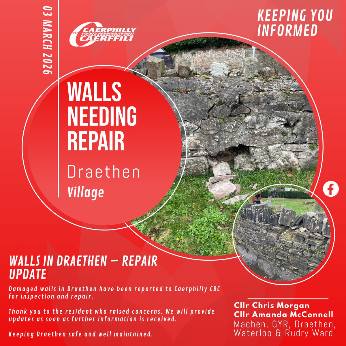 McConAmanda's tweet image. WALLS IN DRAETHEN – REPAIR UPDATE

Damaged walls in Draethen have now been reported to Caerphilly County Borough Council (CCBC) for inspection and repair.

Keeping Draethen safe and well maintained.

#MachenRudryWard #CCBC