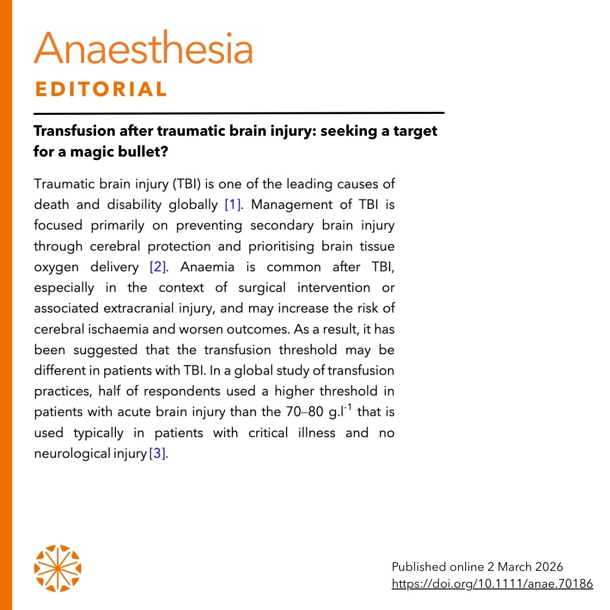 Anaes_Journal's tweet image. Transfusion after traumatic brain injury: seeking a target for a magic bullet?

#anaesthesia #MedTwitter #tbi

doi.org/10.1111/anae.7…