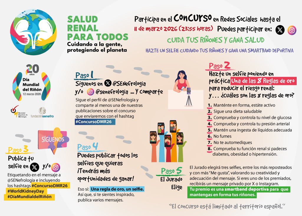 SENefrologia's tweet photo. 📸 Concurso de Redes Sociales | Pon en práctica una de las 8 Reglas de Oro 
📅 Hasta el miércoles 11 de marzo
✅ Comparte tu selfie en X o Instagram con el hashtag  #ConcursoDMR y... ¡gana una Smartband! https://t.co/1mYxZIBFRb