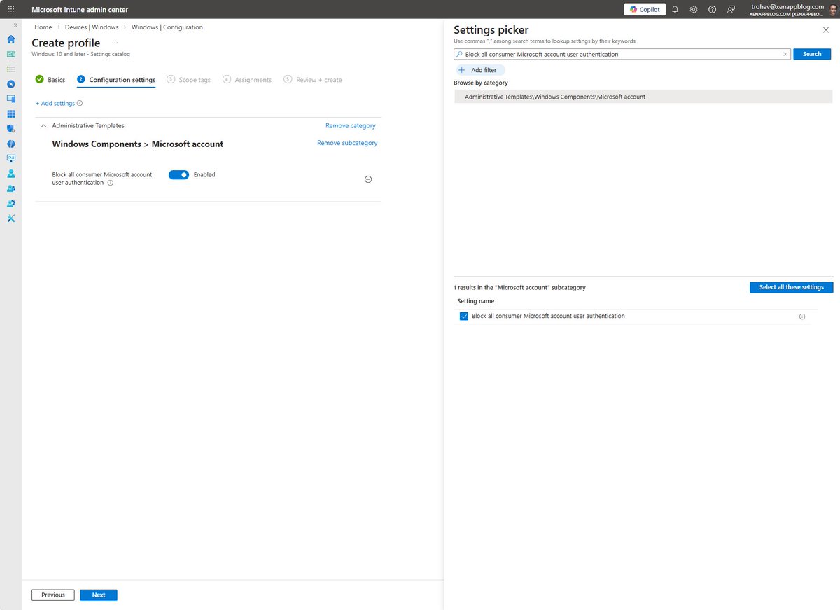 xenappblog's tweet photo. @MSIntune pro tip: Turn ON "Block all consumer Microsoft account user authentication" → kills personal MSA logins in apps, blocks data leakage risks, enforces work-only auth. CIS/STIG love it. No more accidental personal OneDrive syncs on corp devices!