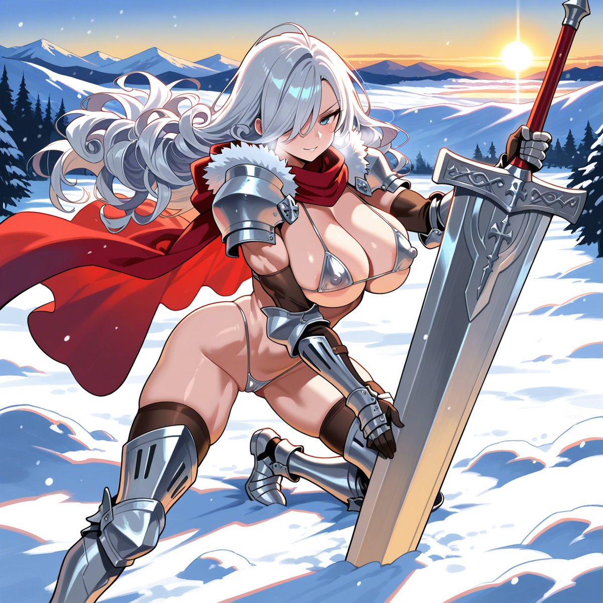 sekisharivan's tweet photo. (1/2)
Positive:
1female knight, arrogant, silver curly long hair, hair covering one eye, big tits, cleavage, muscular, https://t.co/u4Slu1FBks