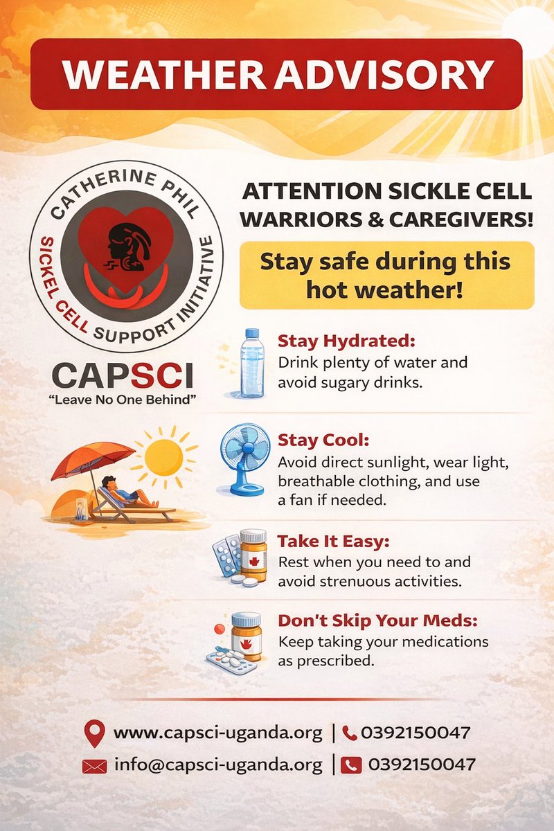 UgandaSickle's tweet photo. ❄️ COLD&HOT WEATHER ADVISORY FOR SICKLE CELL WARRIORS & CAREGIVERS ❤️

Cold weather can trigger pain crises and other complications for people living with sickle cell disease. Let’s take extra precautions during this season.

🧥 Dress warmly in layers
🧤 Wear hats, gloves, and warm socks
☔ Avoid getting wet and stay out of cold winds
😴 Get enough rest
💊 Take your medications as prescribed

Your health is important. Stay warm, stay safe, and don’t hesitate to seek medical care if you feel unwell.

For support or more information:
📞 0392150047
📧 Info@capsci-uganda.org
🌍 https://t.co/Srf88RXKzc

#SickleCellAwareness #CAPSCI #StayWarm #LeaveNoOneBehind

@DailyMonitor @maryhillalumni @SabrinaKitaka @TexasChildrens 
@ASH_hematology @brian_mutono31 @BOU_Official @SafariUbuntu @RotaractClubVU @RCKla7Hills @RotaryClubofSu2 @rctmusical @rctlakevictoria @RACTankhill @kviolet01 @dokolopost @Pearlbankug
 @KateregaUthman @kcbbankug @stanbicug @UNOC_UG @LugogoMangoTree @kyanjarotaract @najjerarotary @RotaryMedia256 @ISACAKampala @rkalyes1 @RctWakiso @olaro_charles @cpmayiga @Educ_SportsUg @MakCHS_SOM @NsambyaHSchool @BuddingJunior @MakSPH @Lung_Institute @VoiceF16388 @943qfmlira @globalscdorgs