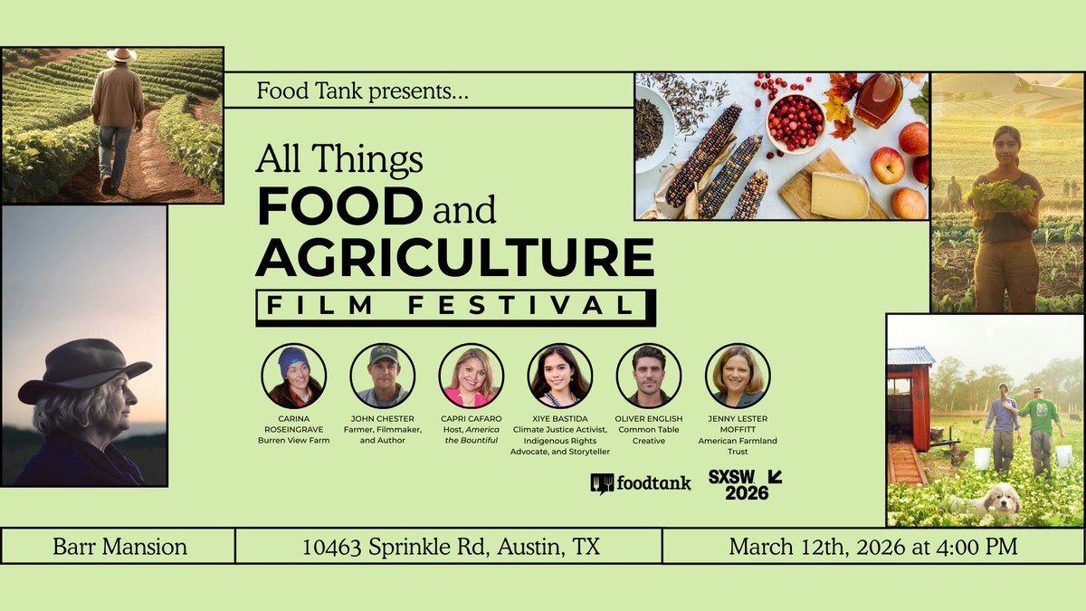 foodtank's tweet photo. Join our 1st Annual All Things Food and Agriculture Film Festival at #SXSW on Thursday, March 12th at Barr Mansion & Artisan Ballroom in collaboration with American Farmland Trust and Oliver English (Common Table Creative).

See the world premiere of Food Tank's first ever original documentary short film "Irish Farmers: A Love Story" along with clips and an incredible lineup of speakers that include:

-Xiye Bastida, Climate Justice Activist, Indigenous Rights Advocate

-Hon. Capri S. Cafaro MSW LSW, Host, America the Bountiful

-John Chester, Farmer, Filmmaker, and Author

-Richard Chute, CFO, Kerry Dairy Ireland

-Oliver English, Co-Founder, Common Table Creative

-Simon English, Co-Founder, Common Table Creative

-Jenny Lester Moffitt, Vice President, American Farmland Trust

-Danielle Nierenberg, President, Food Tank

-Jim O'Toole, CEO, Bord Bia - The Irish Food Board

-Carina Roseingrave, Dairy Farmer, Burren View Farm

-Dr. Jason Slipp, Director of Education, Rodale Institute

-Izze Stein, Singer-Songwriter (Special Musical Guest)

-Stephanie Tranel, Farmer, Organic Valley, Tranel Family Farms LLC

-Haven Worley, Director, Irish Farmers: A Love Story

-Laura Zaspel, Host and Co-Producer, Farm Hero

-John de la Parra, Director, Food Initiative, The Rockefeller Foundation, and many more!

Register here (FREE): https://t.co/EZudvLF8Ax.

Part of our all day "All Things Food" programming in collaboration with Organic Valley, #SXSW, Huston-Tillotson University, La Pera Catering & Events, and the City of Austin.