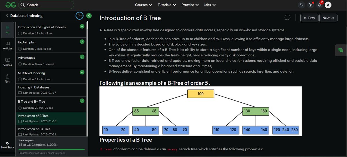 noMore_Delays's tweet photo. Learned about B-Tree & B+ Tree in database indexing with @GeeksforGeeks 💚
Core data structures that power most database indexes and enable efficient search, insert & delete operations in O(log n) time.
📚 Course Link: https://t.co/n77lY7IDGV
#three90challenge #commitwithgfg https://t.co/UC6ULjmASh