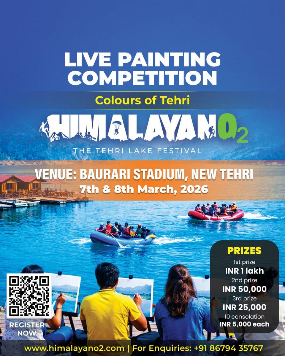 HimalayanO2's tweet photo. Your art. Your moment. 
Ever painted with a lake in front of you and mountains all around?

🖌 Live Painting Competition 

📍 Baurari Stadium, New Tehri
🗓 7–8 March 2026
🏆 Win up to ₹1 Lakh

Bring your brushes. We’ll bring the view.

Register Now – https://t.co/NXFJXYtA3V https://t.co/DnDgMjlzEs