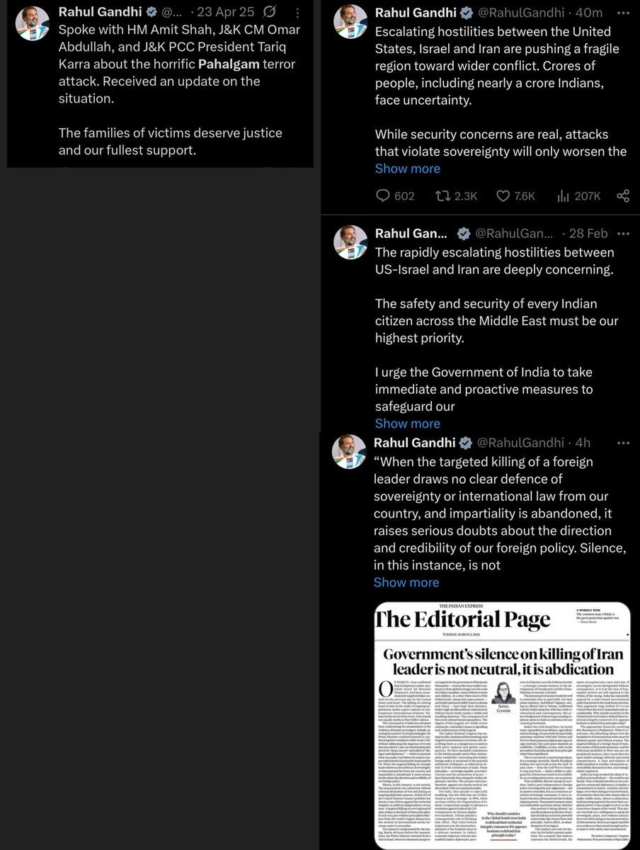 Rahul Gandhi made 1 post about the Pahalgam terror attack but 3 posts about Iran within just 3 days.

This says a lot about his priorities.