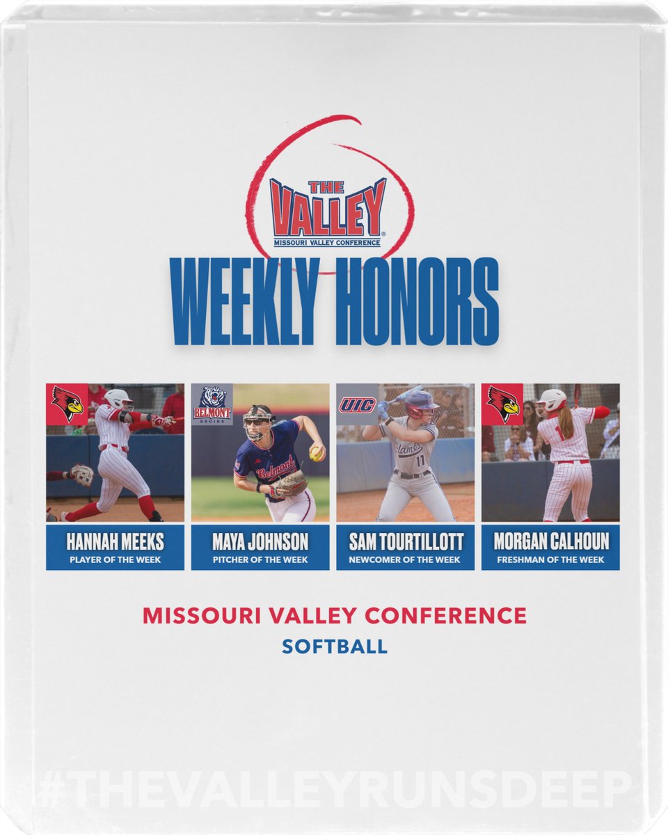 MVC SOFTBALL WEEKLY AWARDS ❗

🏆Player: Hannah Meeks <a href="/RedbirdsSB/">Illinois State Softball</a> 
🏆Pitcher: Maya Johnson <a href="/BelmontSoftball/">Belmont Softball</a> 
🏆Newcomer: Sam Tourtillott <a href="/UIC_Softball/">UIC Softball 🔥🥎</a> 
🏆Freshman: Morgan Calhoun <a href="/RedbirdsSB/">Illinois State Softball</a> 

MORE:  bit.ly/40BFgmW

#TheValleyRunsDeep
