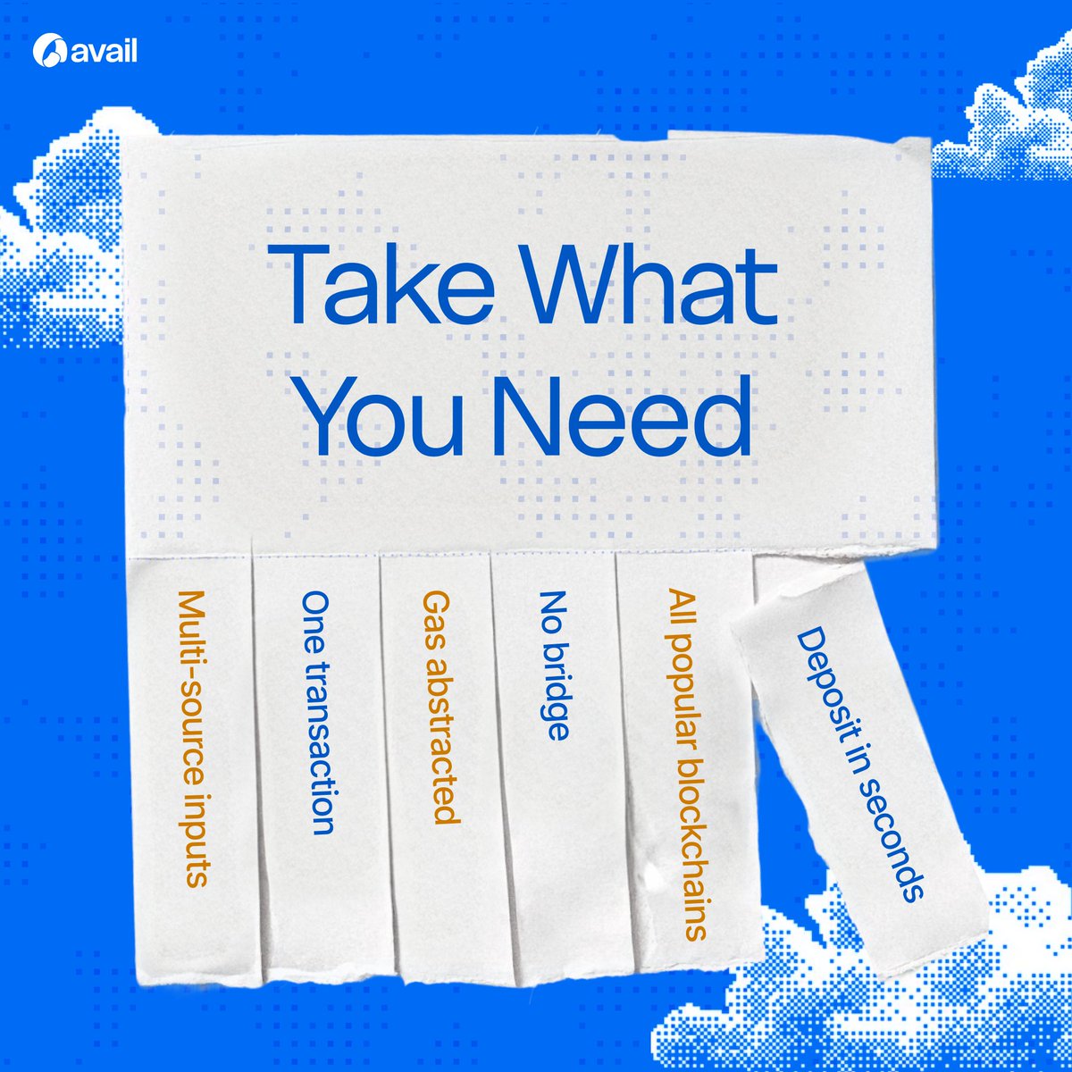 AvailProject's tweet photo. Building an app?

Take what you need.

Seconds-fast deposits from every major blockchain.
No bridges. No juggling gas. Just one clean transaction.

Bigger TAM. Better UX. More users.

Avail Deposits has it all. https://t.co/YBJsPKOG3P