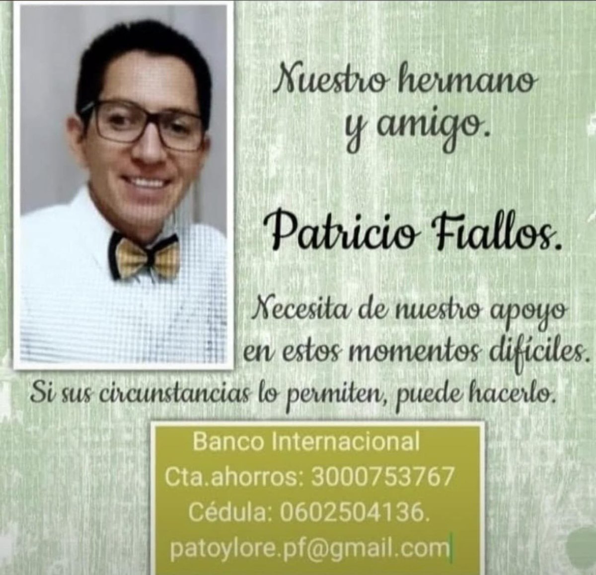 EnmaTapiaRivera's tweet photo. Hoy quiero pedir ayuda por Patricio Fiallos. Es una persona no oyente, trabajador, correcto, de esos que siempre están para los demás. Está pasando por un cáncer complicado y, como si no fuera suficiente, su situación económica se volvió insostenible.
Si puedes donar, aunque sea 1 dólar, estás aportando esperanza real.
Y si alguien conoce a alguien en SOLCA Guayaquil que pueda mover una gestión urgente de derivación por ayuda social, sería un respiro inmenso para él y su esposa.
Por favor compartan. A veces una red pequeña salva días enteros.