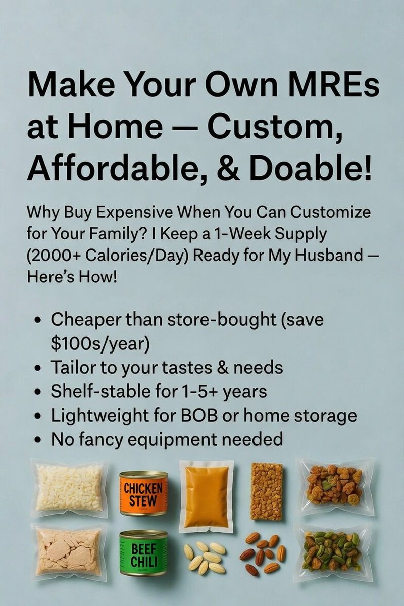 wefwantuded2030's tweet image. Moms (and everyone!) - you don't need expensive MREs.  Make your own at home: customize flavors, hit 2000+ calories/day, shelf stable, and way cheaper. Do you build your own?  What do you put in yours?  #PrepperMom #HomemadeMRE