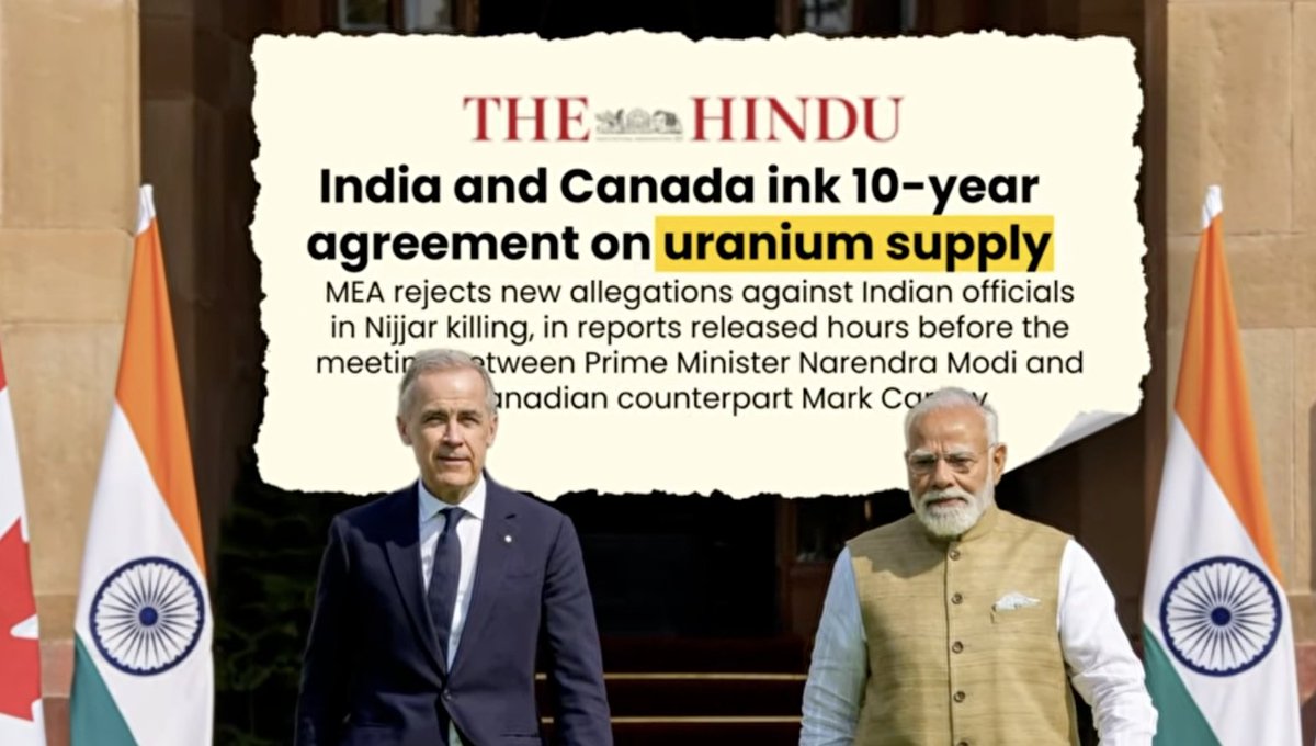 Aditya_tagzzs's tweet photo. Quiet reset! 🇮🇳🤝🇨🇦
India-Canada ink MASSIVE $2.6B uranium pact 
(Cameco → 22M lbs 2027-35). 
Modi-Carney meet seals it amid Middle East noise. Diplomacy hitting different 👀
#UraniumDeal #IndiaCanada #ModiCarney #NuclearReset https://t.co/5r49GSRyyB
