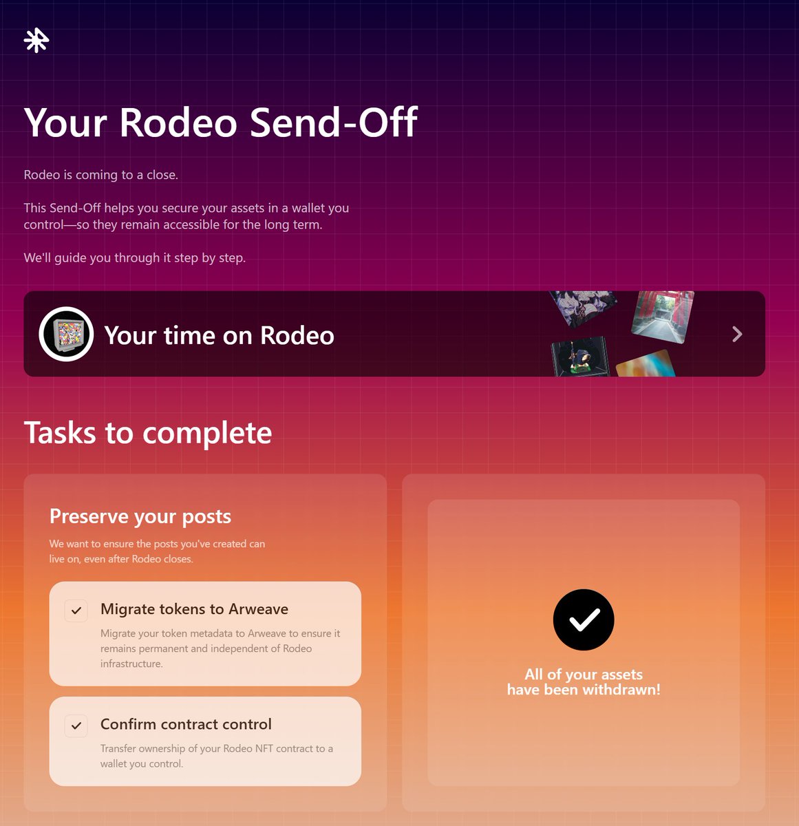 DenjinK's tweet photo. For everyone who collected my art on @rodeodotclub:

I've migrated everything over to Arweave, so your art is safu https://t.co/X92cXOAzYh