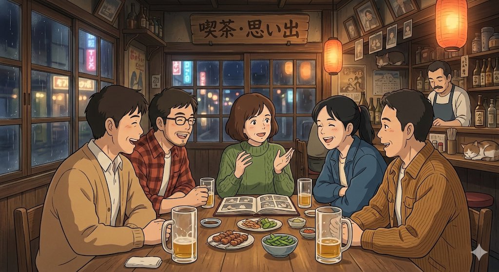 funifuwa's tweet photo. Geminiに描いてもらった「3次会で語らう同窓生」。
学生時代の友人とは不思議なものだ。
乾杯したら心が数十年を遡り昨日まで机を並べてたような気分になる。
社会人になるとこういう友達を作るのは難しい。
学校は何のためにに行くの？
友達を作るためだよ。
大人になるとその有り難さが沁みるなあ。 https://t.co/FXHCCuLuDe